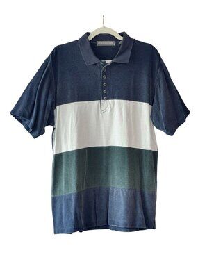 Vintage 90s Express Men Medium Color Block Polo Shirt Blue Green White Cotton